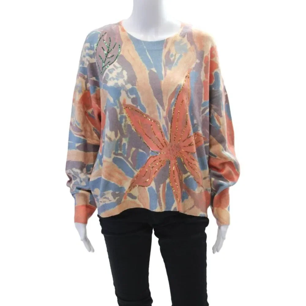 Renuar Womens Floral Print Sequined Pullover Knit Sweater Orange Size L
